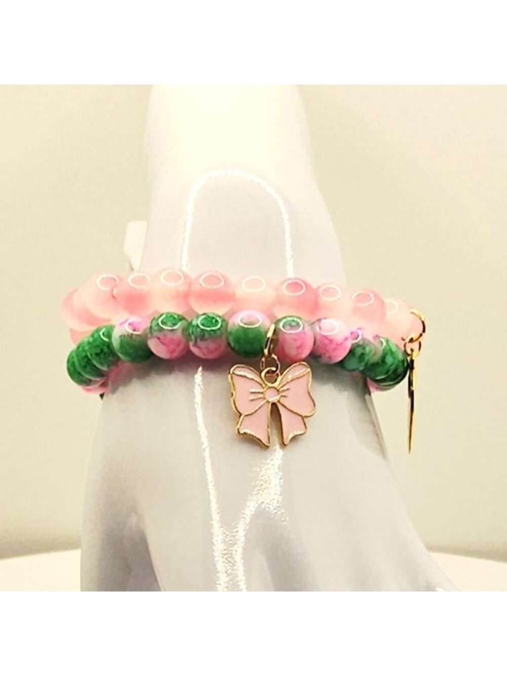 Pink Bow Bracelet Stack, Coquette Heart Bracelets, Feminine Beaded Jewelry